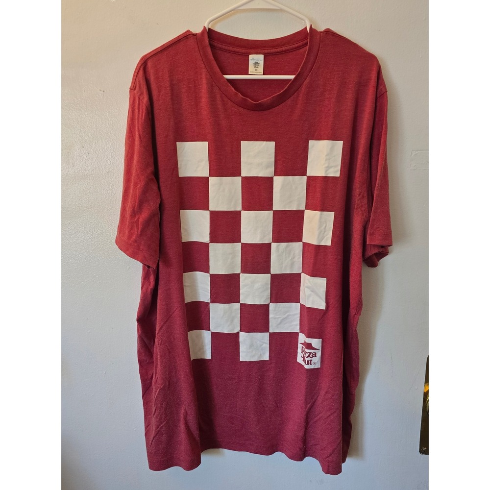 Pizza Hut Men Red Checkerboard Graphic T-Shirt 2X Short Sleeve Crewneck Logo